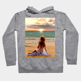 Woman sitting on beach looking at sunset peaceful relaxed zen yoga buddhism Hoodie